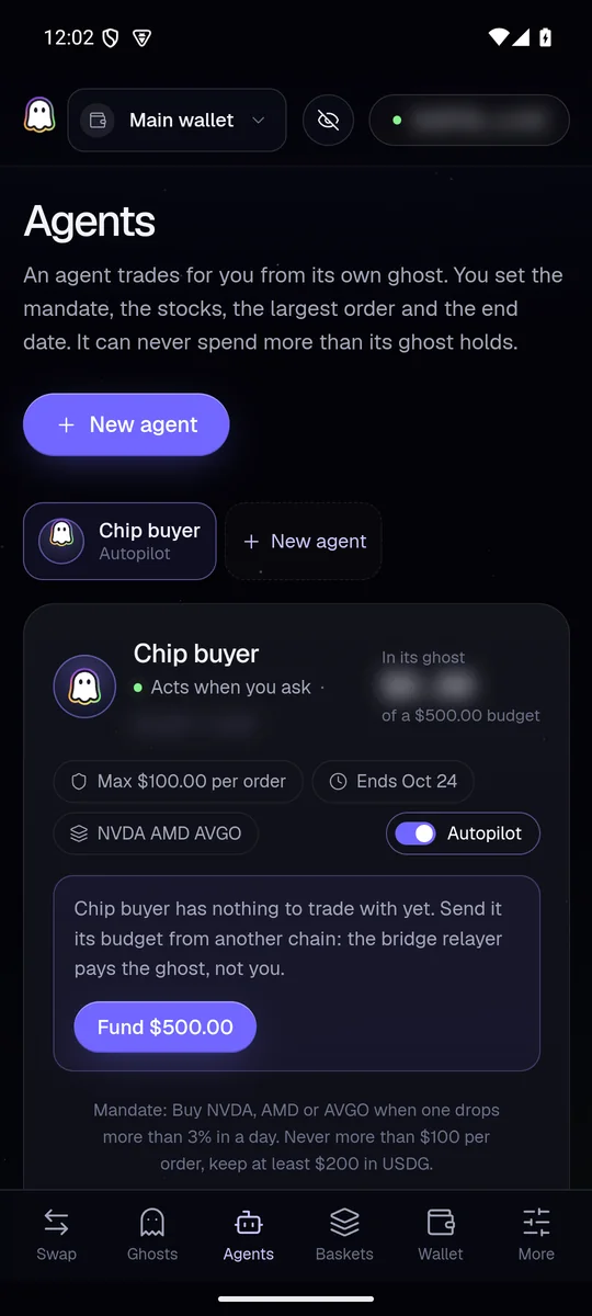 Agent screen in the Android app with autopilot on